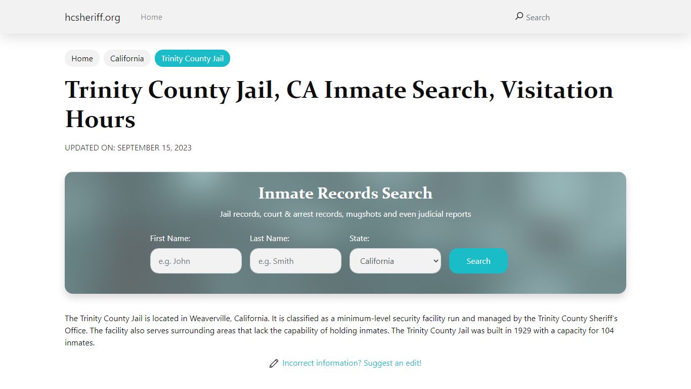 Trinity County Jail, CA Inmate Search, Visitation Hours